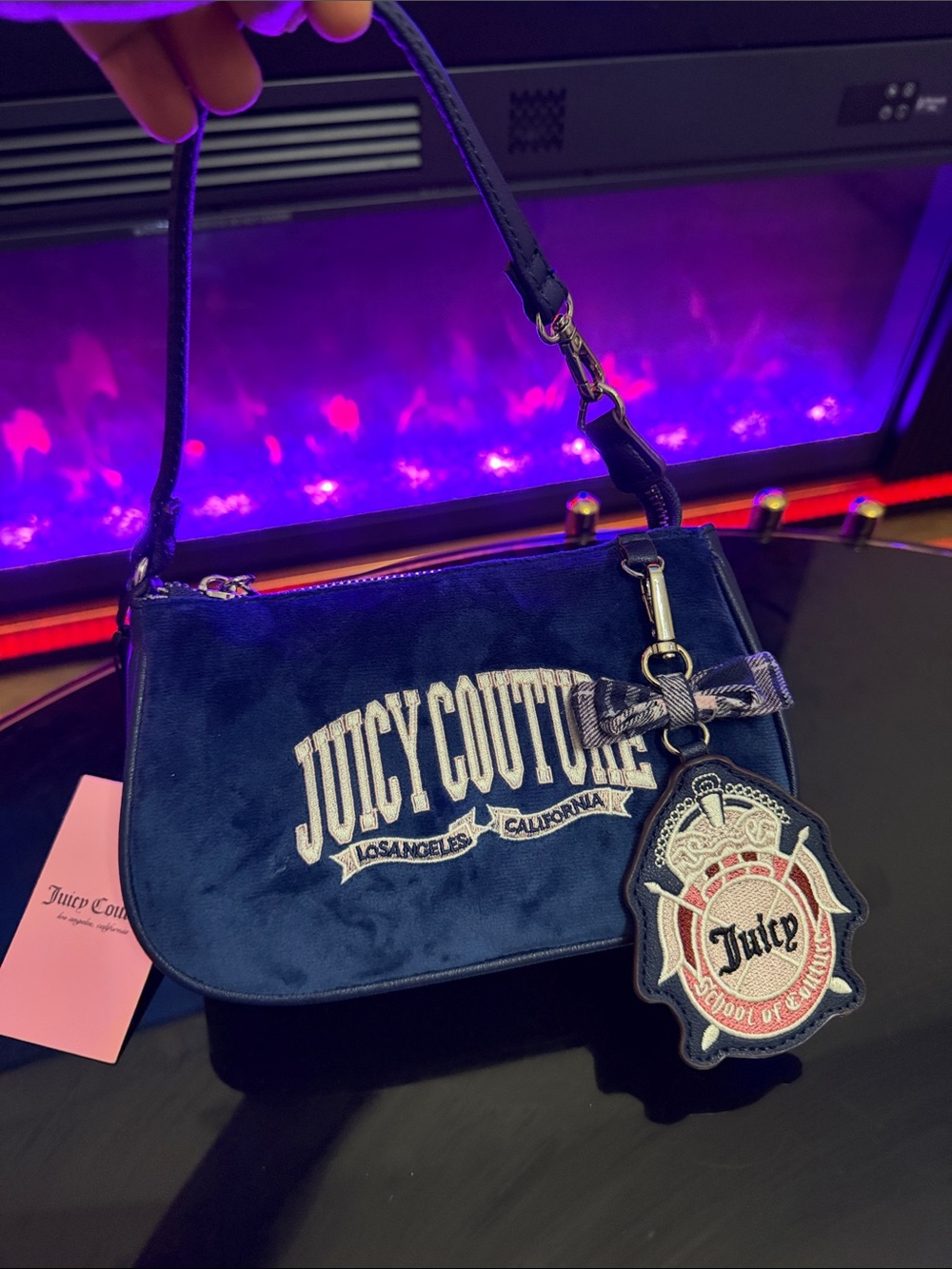 Juicy Couture Navy Velvet Shoulder Bag with Embroidered Logo and Charm